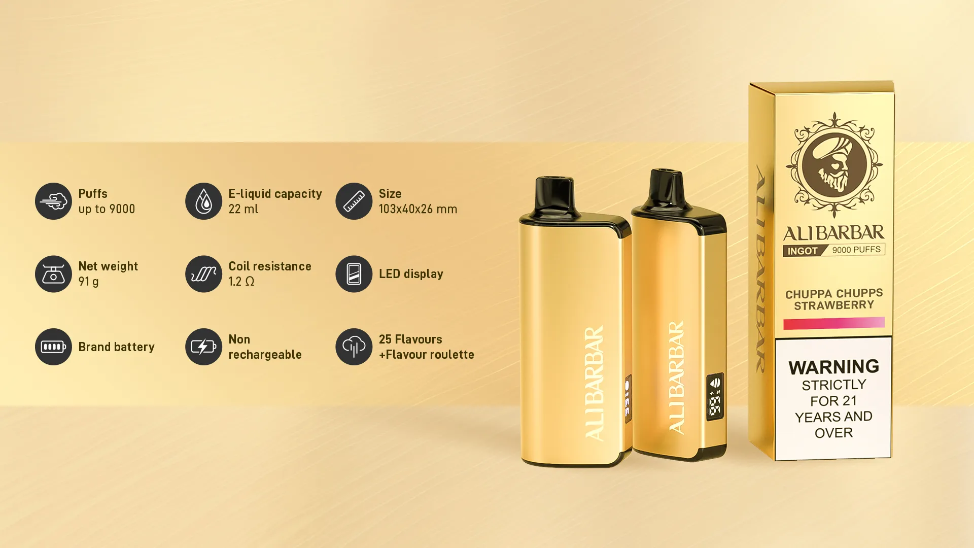 Detailed view of the ALIBARBAR Ingot 9000 Puffs device features